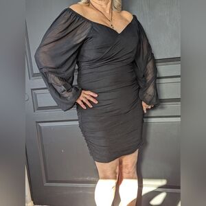 Zesica Woman's Black Rushy Dress Sheer Sleeves